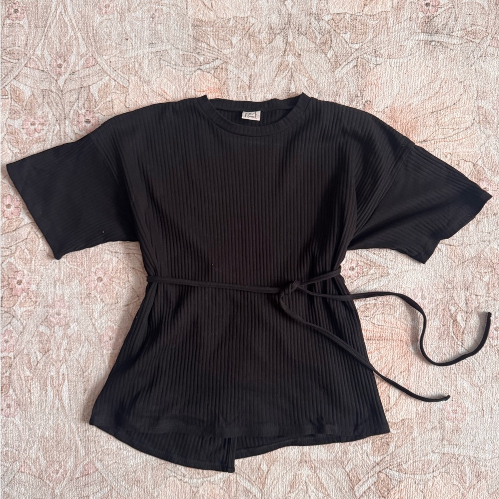 Women's Black Ribbed Tie-Waist Tunic Top